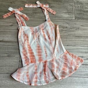 Japna Tank Top Flutter Peplum Bow Detail On Straps Smocked Back Peach White XS